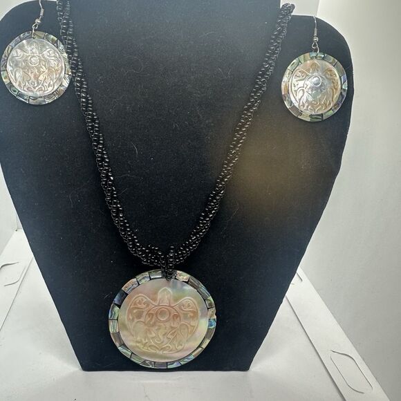 Vintage Blue Seed Beaded Visit   Starfish Sea Shell Abalone.necklace & earrings - Picture 1 of 5